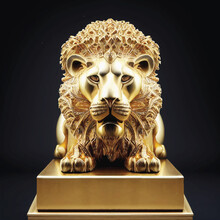 Creative Golden Lion King Sculpture On Pop Art Style With Soft Mane And Black Background