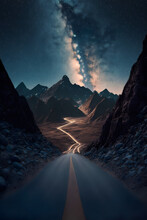 Road Leading To Distance In A Mountain Valley With A Milky Way Galaxy,  Illustration Digital Generative Ai Design Art Style