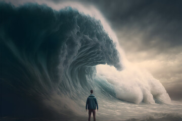 man standing in front giant wave storm, concept power of nature,  illustration digital generative ai design art style