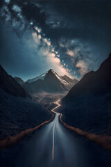 Wall Mural - road leading to distance in a mountain valley with a milky way galaxy,  illustration digital generative ai design art style