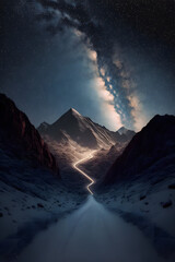 Wall Mural - road leading to distance in a mountain valley with a milky way galaxy,  illustration digital generative ai design art style