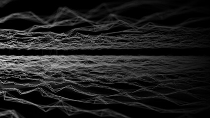 Wall Mural - wave of digital particles on a black background. abstract interlacing lines and points. digital conn