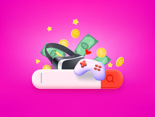 Poster - Earn money via video games concept. 3d style vector illustration