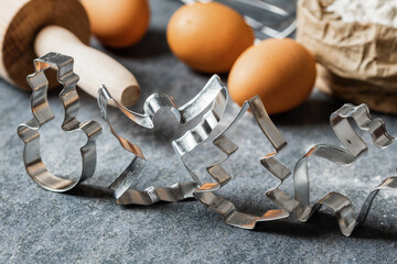 Poster - Bakery background. Various metal shape for christmas cookies close-up