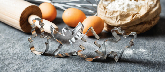 Poster - Bakery background. Various metal shape for christmas cookies close-up