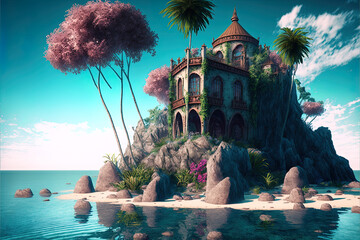 Sticker - Fantasy landscape exotic island on the sea. AI