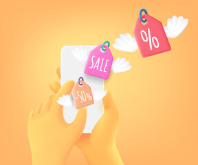 Aufkleber - Get discounts in internet shop via mobile app. 3d vector concept