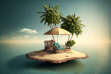 Fantasy Landscape Of An Exotic Island On The Sea With An Umbrella And Deck Chair. AI