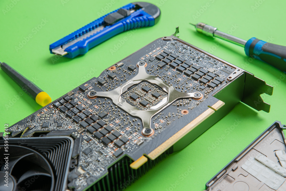 Open graphics card showing chips, MOSFETs, and power section. Clear ...