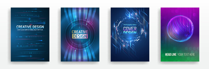 Wall Mural - Futuristic business posters. Technology covers corporate documents. Layout template science designs. Brochure, flyer, book, annual report. Blue hi-tech vector illustrations for business presentations.