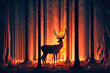 Ängstliche Hirsche im brennenden Wald. Waldbrand durch Klimawandel und der Erderwärmung