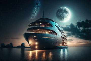 Night seascape with a futuristic yacht. Large modern yacht, big moon, night view. AI