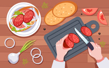 Chef Character Cooking Preparing Chopping Food On Table Top View. Hand Holding Knife And Cutting Chopping Vegetables And Meat With Slice Concept. Vector Graphic Design Illustration
