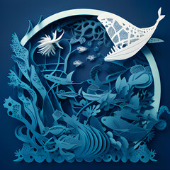 Marine Sea Diorama Papercut. Generative AI Illustration. Paper Origami.