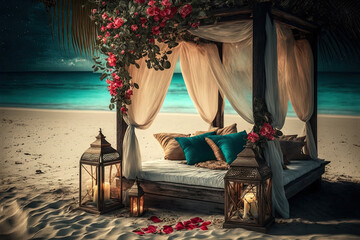 Wall Mural - Cozy wooden bed on the seashore decorated with greetings and candles. Romantic evening by the sea. Beautiful sunset. AI