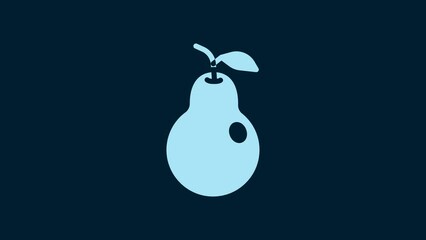 Poster - White Pear icon isolated on blue background. Fruit with leaf symbol. 4K Video motion graphic animation