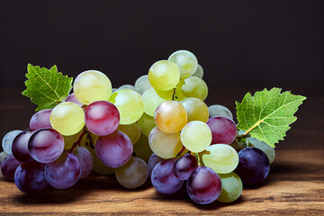 Wall Mural - dark and green grapes lie on a wooden table, generative AI