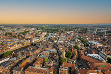 The Drone Aerial View Of York At Sunrise, England.  York Is A Cathedral City With Roman Origins, Sited At The Confluence Of The Rivers Ouse And Foss In North Yorkshire, England.