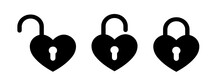 Locked And Unlocked Heart Black Icon Set, Valentine Day Symbol, Heart Shape Lock Silhouette, Vector Illustration