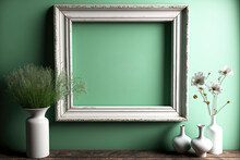 Frame With A Vase Of Flowers On A Green Wall