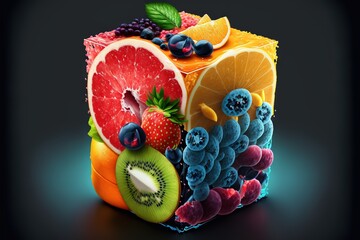 Sticker - a fruit box with a variety of fruits on it's side and a slice of fruit on the side of the box, all of which is cut up and placed on a black background.