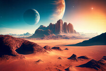 Landscape Of Unknown Red Planet Surface With Craters And Mountains With Satellites In The Sky. Fantasy World. Created With Generative Ai.
