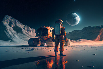 Wall Mural - astronaut in space suit near research station on surface of unknown planet. space exploration, colon