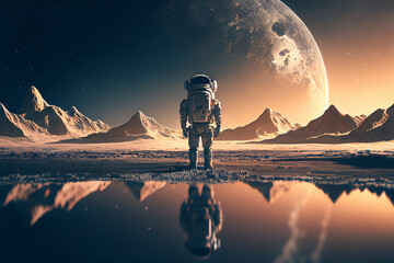 Wall Mural - astronaut in space suit on surface of unknown planet. space exploration, colonization of new planets