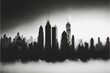 © Anna - a black and white photo of a city skyline in the fog with skyscrapers in the distance and fog in the air, with a dark sky in the background, and a low layer of fog. Generative AI