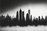 Fototapeta Londyn - a black and white photo of a city skyline in the fog with skyscrapers in the distance and fog in the air, with a dark sky in the background, and a low layer of fog. Generative AI