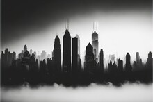 A Black And White Photo Of A City Skyline In The Fog With Skyscrapers In The Distance And Fog In The Air, With A Dark Sky In The Background, And A Low Layer Of Fog. Generative AI