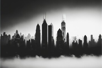 a black and white photo of a city skyline in the fog with skyscrapers in the distance and fog in the air, with a dark sky in the background, and a low layer of fog. Generative AI