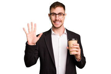 Young business caucasian man drinking a coffee isolated cutout smiling cheerful showing number five with fingers.