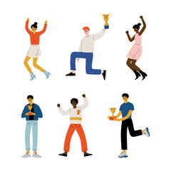 Canvas Print - Successful men and women celebrating victory with winner cups set. Happy winners holding trophy and awards cartoon vector illustration