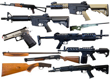Different Set Of Police Or Military Guns And Pistols On White Background Isolated
