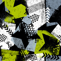abstract seamless chaotic pattern with urban geometric elements, scuffed, drops, stars and sprays. g