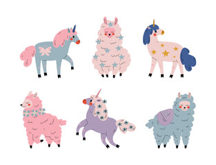 Wall Mural - Set of cute magical unicorns and fluffy alpaca. Lovely animals, design for card, sticker, textile, t-shirt cartoon vector illustration