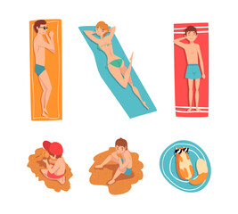 Canvas Print - View from above of sunbathing people set. Young men and women lying on towels on beach sand cartoon vector illustration