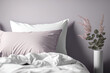 © The 2R Artificiality - a close up shot of a mockup bed in white with a pastel mauve backdrop, a white pillow cover, a white bed sheet, and a white blanket. Generative AI
