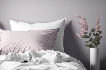 Wall Mural - a close up shot of a mockup bed in white with a pastel mauve backdrop, a white pillow cover, a white bed sheet, and a white blanket. Generative AI