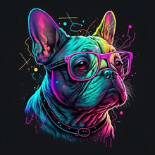 Colorful French Bulldog, Pug Dog On Black Background, Generative Ai