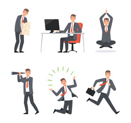 Sticker - Set of businessman taking part in business activities. Man rushing to work, celebrating success, meditating, looking through spyglass cartoon vector illustration