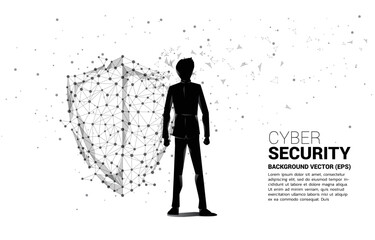 Poster - Vector Silhouette of businessman with Protection shield icon from dot connect line polygon network. concept of guard security and safety