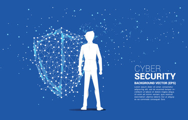 Poster - Vector Silhouette of businessman with Protection shield icon from dot connect line polygon network. concept of guard security and safety