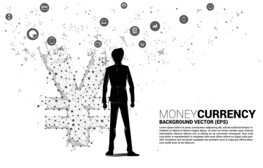 Poster - Vector Silhouette of businessman with money Chinese yuan and Japanese yen currency icon from Polygon dot connect line. Concept for china and japan financial network connection.