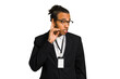© Asier - Young African American business man with badge isolated trying to listening a gossip.