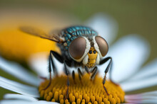 Shallow Depth Of Field Macro Photograph Of A Fly Resting On Chamomile. Generative AI