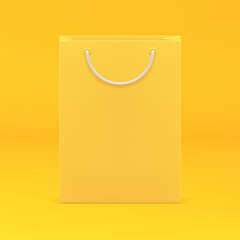 Sale paper shopping bag 3d yellow package retail marketing advertising realistic vector