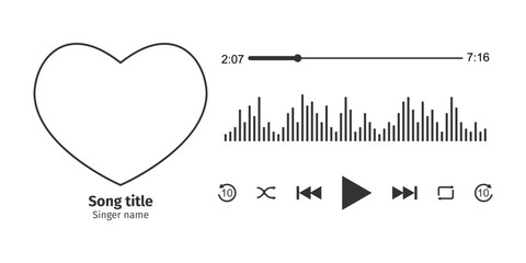 Wall Mural - Music player interface design with heart shaped song photo frame, different buttons, loading bar with timer and equalizer. Horizontal arrangement. Vector illustration isolated on white background
