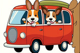 dogs traveling in a red automobile. Generative AI
